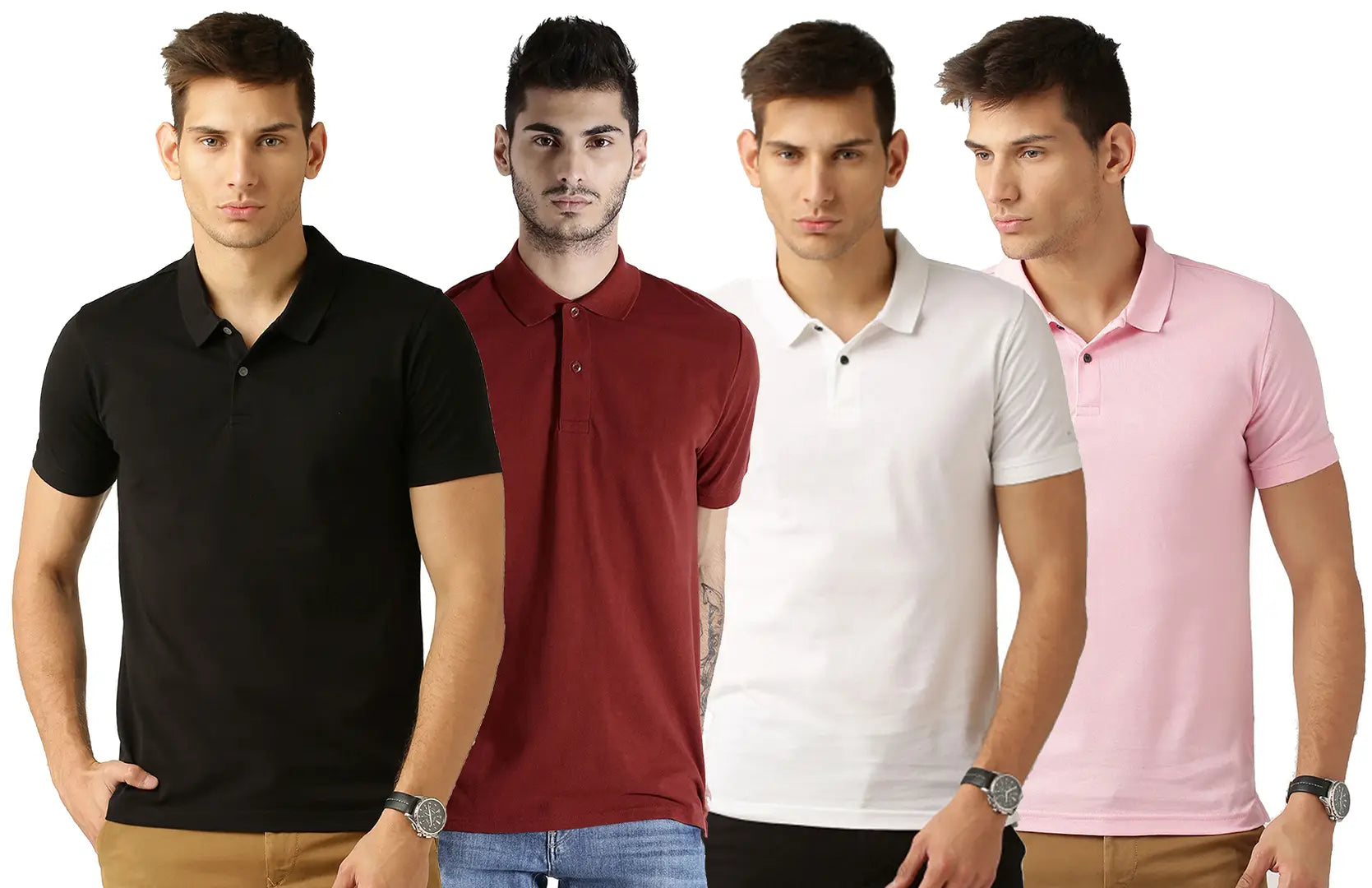 Men's Multicoloured Cotton Blend Solid Polos T-Shirt (Pack Of 4)