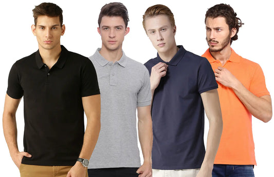 Men's Multicoloured Cotton Blend Solid Polos T-Shirt (Pack Of 4)