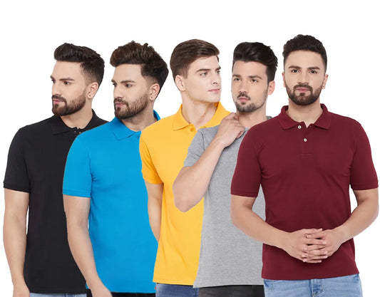 Stylish Polycotton Solid Polos For Men- Pack Of 5