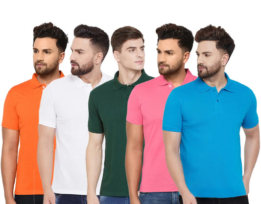 Stylish Polycotton Solid Polos For Men- Pack Of 5