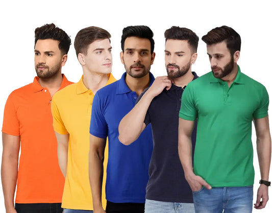 Stylish Polycotton Solid Polos For Men- Pack Of 5