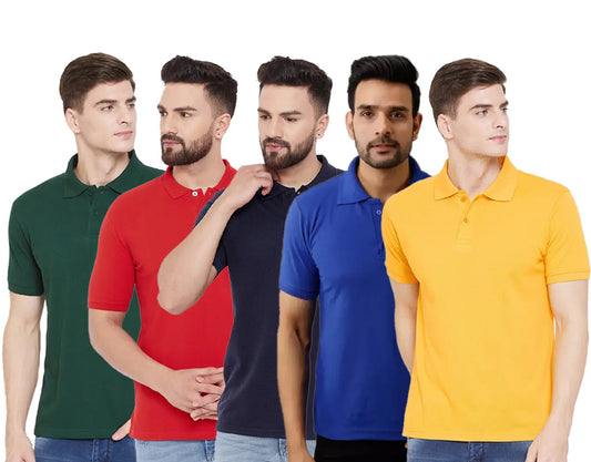 Stylish Polycotton Solid Polos For Men- Pack Of 5