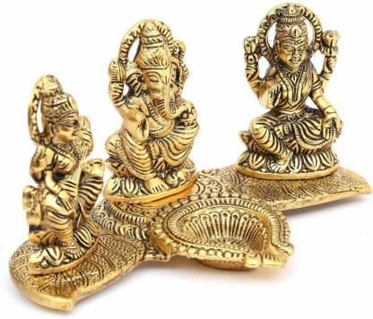 Gold Plated Lakshmi Ganesh Saraswati Idol with Diya