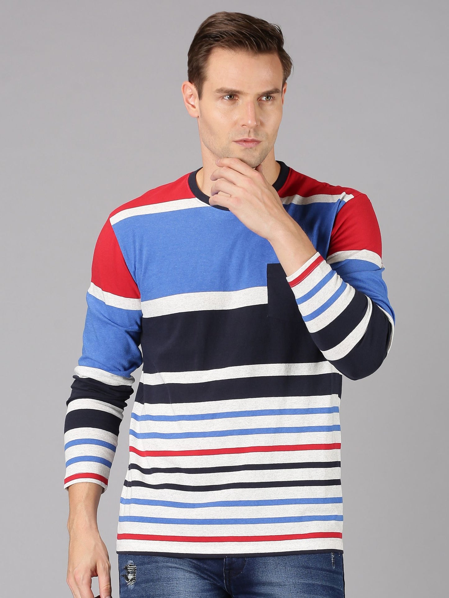 Urgear Cotton Stripes Full Sleeves Mens Round Neck T-Shirt