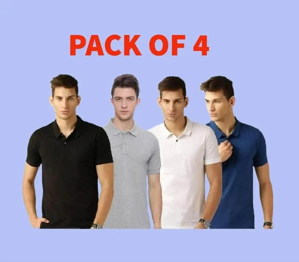 Cotton Solid Half Sleeves Mens Polo Neck T-Shirt Pack of 4