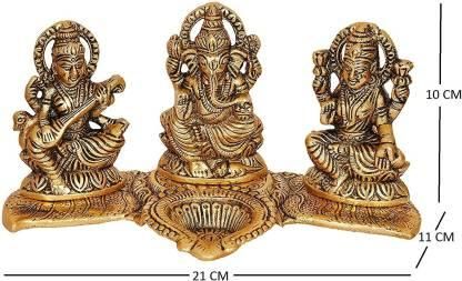 Gold Plated Lakshmi Ganesh Saraswati Idol with Diya