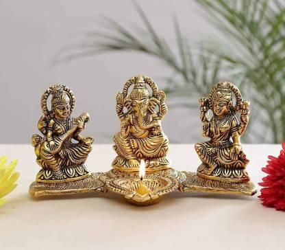 Gold Plated Lakshmi Ganesh Saraswati Idol with Diya