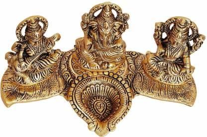 Gold Plated Lakshmi Ganesh Saraswati Idol with Diya