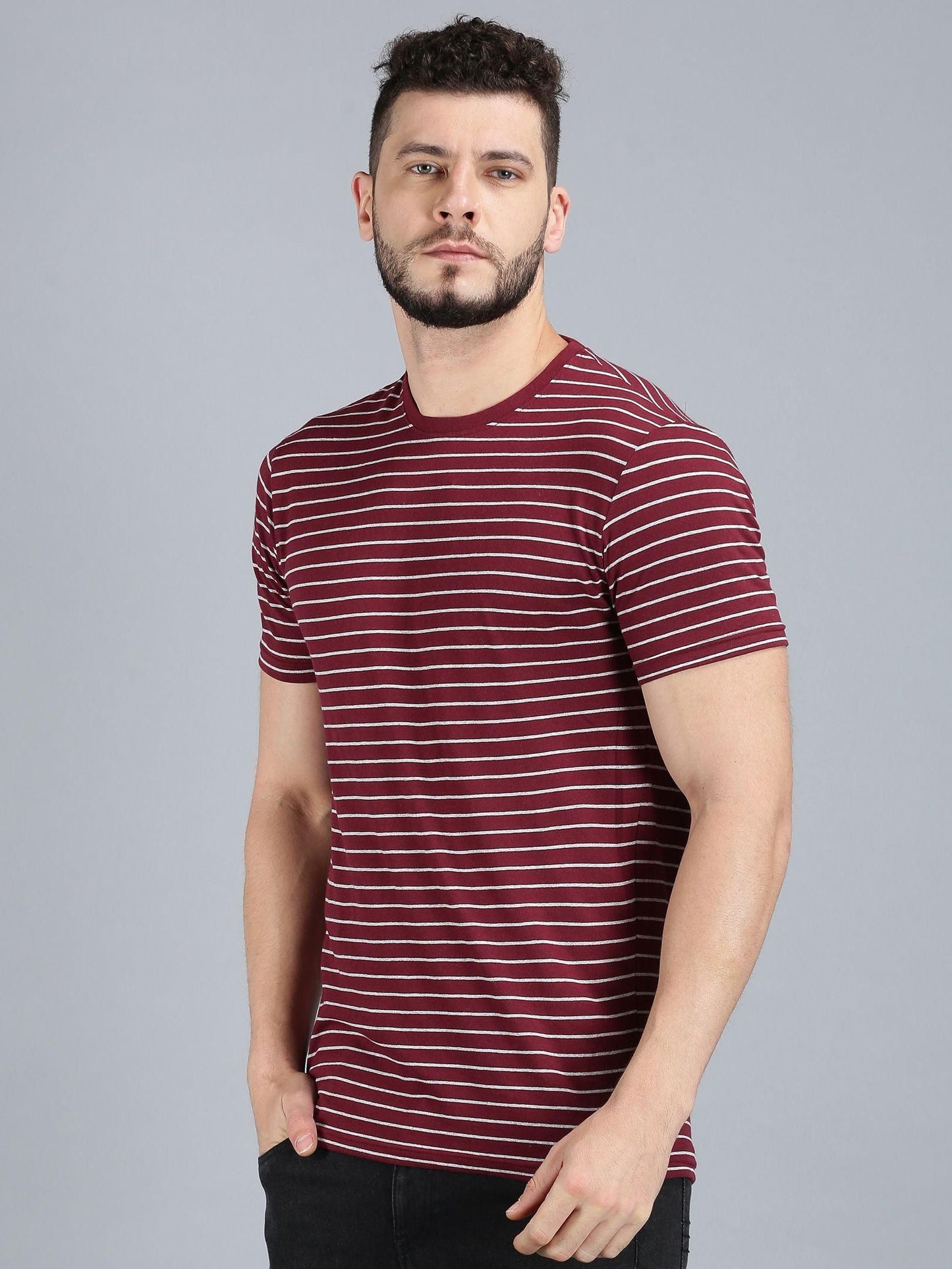 UrGear Cotton Stripes Half Sleeves Round Neck Mens T-Shirt