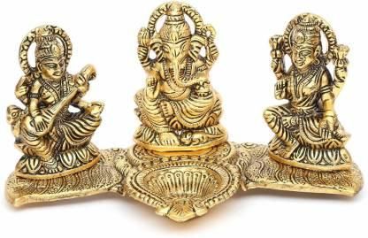 Gold Plated Lakshmi Ganesh Saraswati Idol with Diya