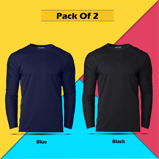 Cotton Solid Round Neck Full Sleeves T-Shirt -Pack of 2